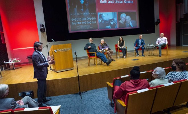 President Jonathan Koppell addresses Ruth Ravina (front row, center) during the documentary panel Q&A discussion.