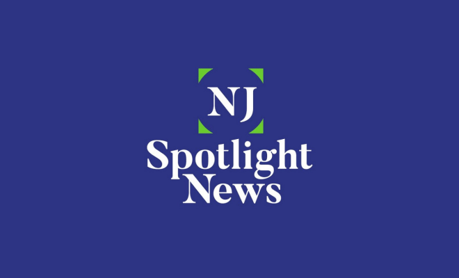 NJ Spotlight News logo sits in the center with a navy blue background.