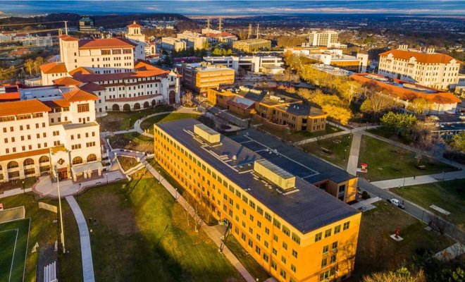 Aerial view of Dickson Hall on the campus of Montclair State University