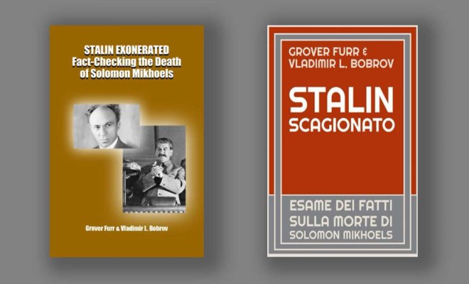 Two book covers for the English and Italian translations of Stalin Exonerated by Grover Furr