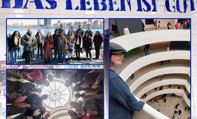 A composite image of three different activities of college students visiting New York City landmarks
