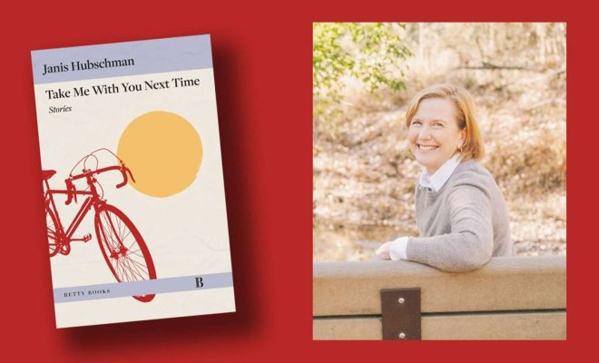 Composite image of Janis Hubschman's headshot with the cover of her book "Take Me With You Next Time"