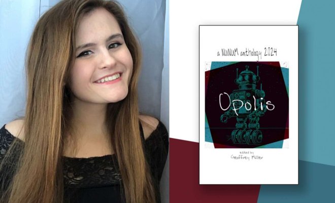 A composite image of Lexi Merring's headshot and the cover of the book Opolis