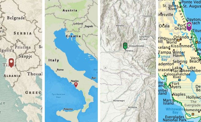 A composite of four sections of four different maps including Italy and Florida