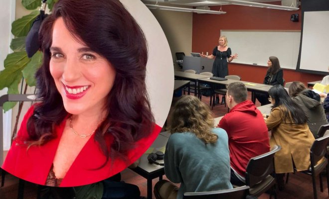 A composite image of Andreina Botto Roever's headshot combined with an image of a classroom with a group of college students seated and watching the professor