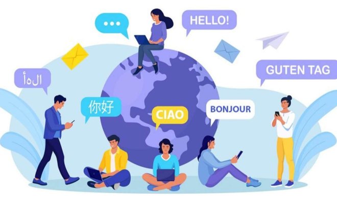 Illustration of people around a globe communicating in multiple languages through digital devices, with speech bubbles saying “Hello,” “Guten Tag,” “Bonjour,” “Ciao,” “你好,” and other greetings