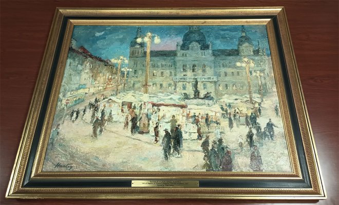  painting of the Rathaus Plaza (Rathaus Market Place) in Graz, Austria