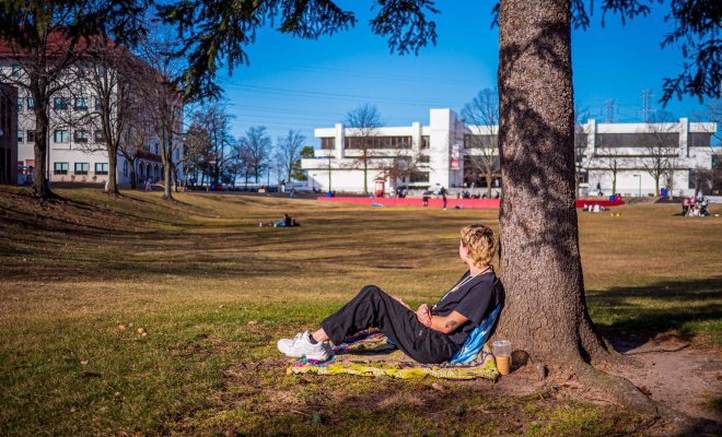 A college student sits on a blanket in a grassy field underneath a tree and watches the activity around him