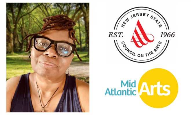A composite image of Pamela Booker's headshot with the logos for Mid Atlantic Arts and the New Jersey State Council on the Arts