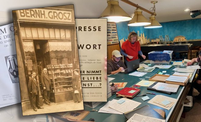 Collage showing historical documents and a vintage storefront photograph overlaid on a modern archival research scene, where three people examine papers, folders, and records spread across a large table