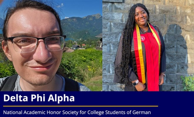Composite of two college student headshots, one a closeup selfie from a natural outdoor setting and the other a cap and gown portrait in front of a stone wall