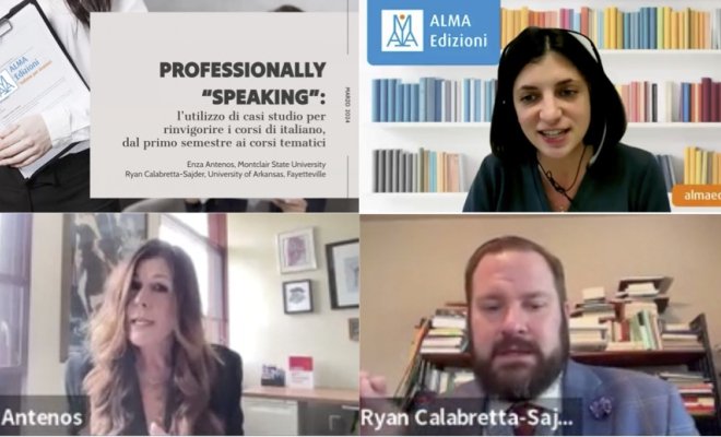 A screenshot from a video call involving three people