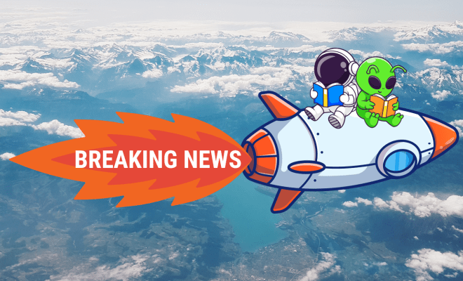 A cartoon alien and astronaut reading a book on a spaceship that says Breaking News.