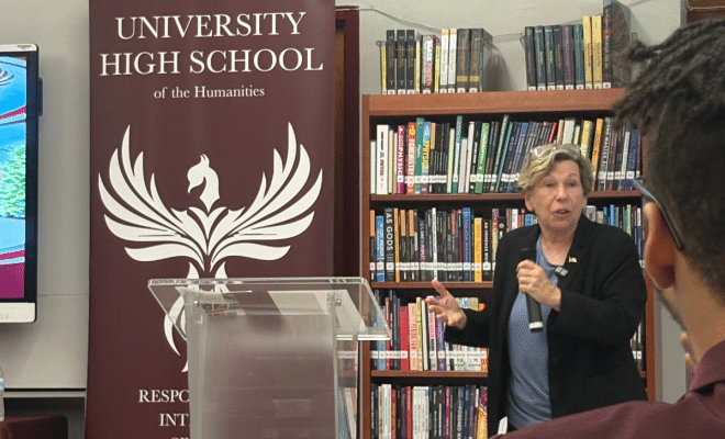 AFT President Randi Weingarten speaks to the Red Hawks Rising program