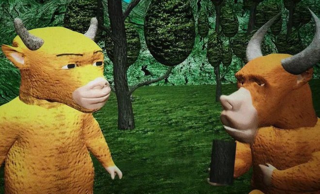 Two characters in animated movie looking at each other.