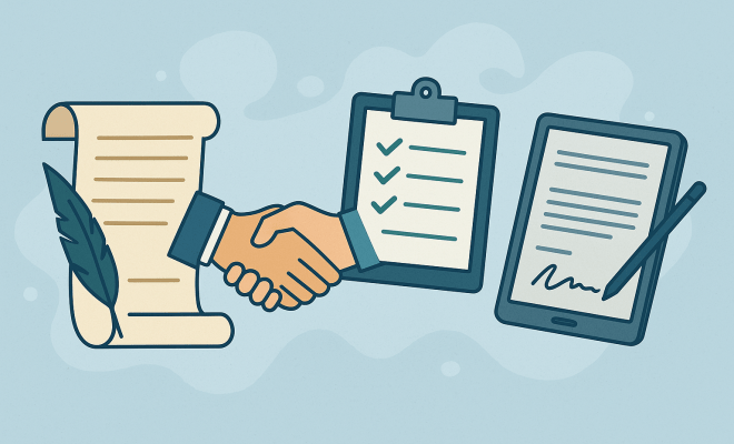 clipart showing handshake in front of legal documents