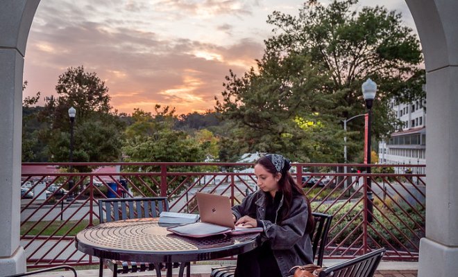 Online learner working on laptop in an outdoor setting