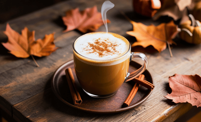 A glass of pumpkin spice latte sits in the center of a dark wooden coffee table with leaves all around. 