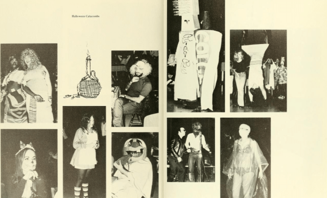 student in costume in grayscale
