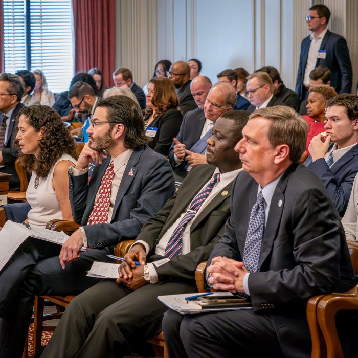A group listens to a budget hearing.