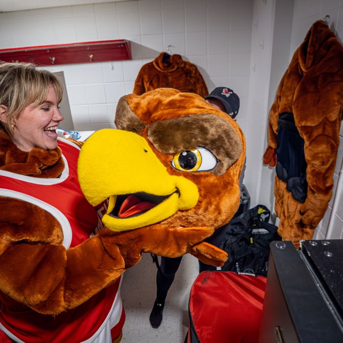 Vanessa Fingerlin smiles at the new Rocky costume head.