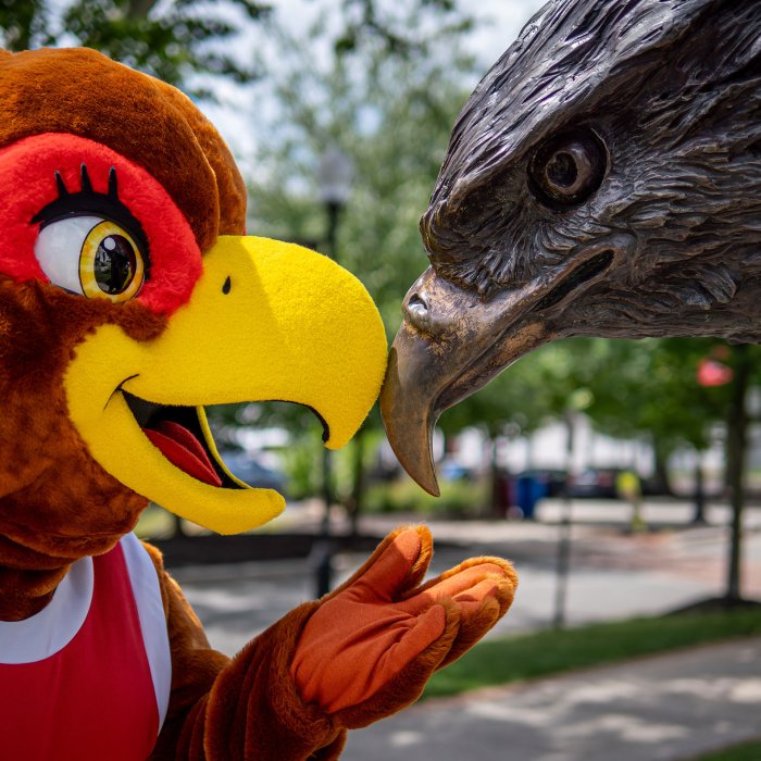 Roxy stands beak to beak with a bronze Red Hawk statue.