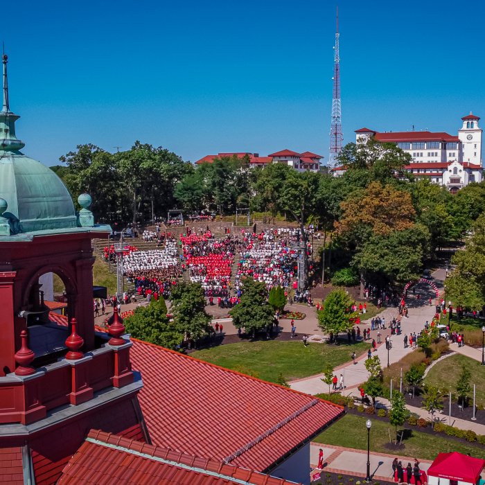 Aerial photo of festival on campus to celebrate President Koppell's investiture