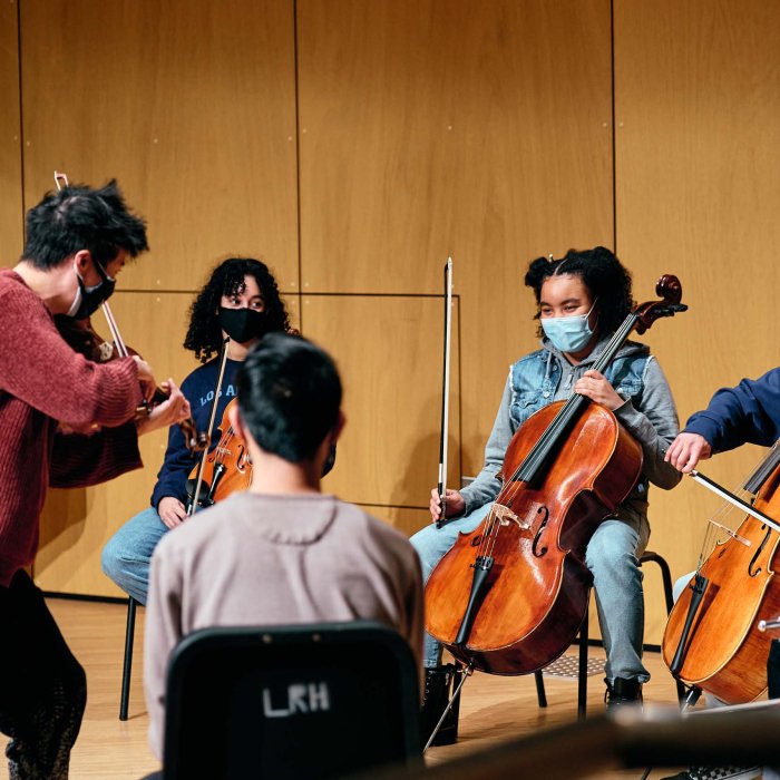 Male violinist leads group playing string instruments.