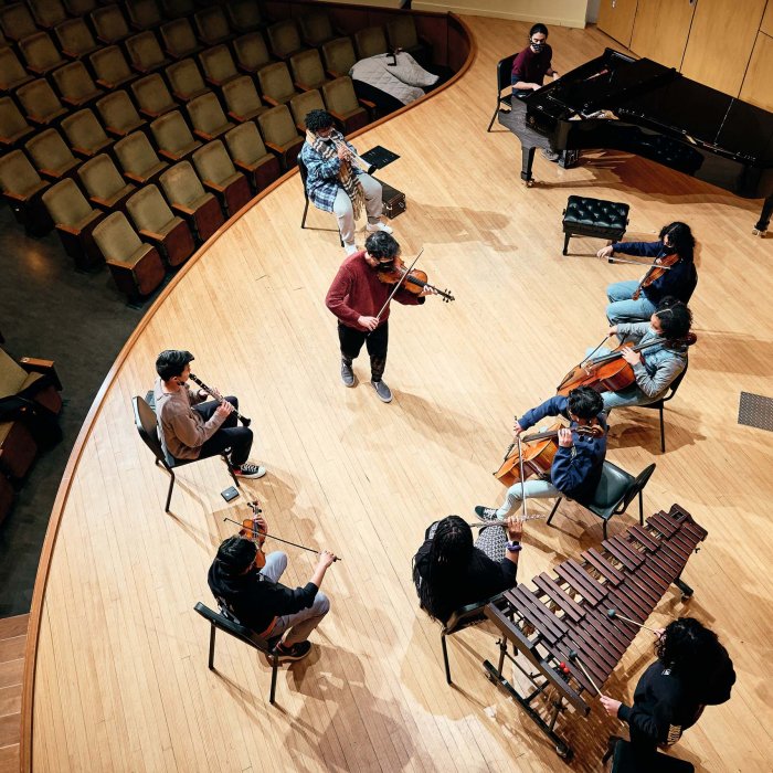 Overhead view of musicians on stage.