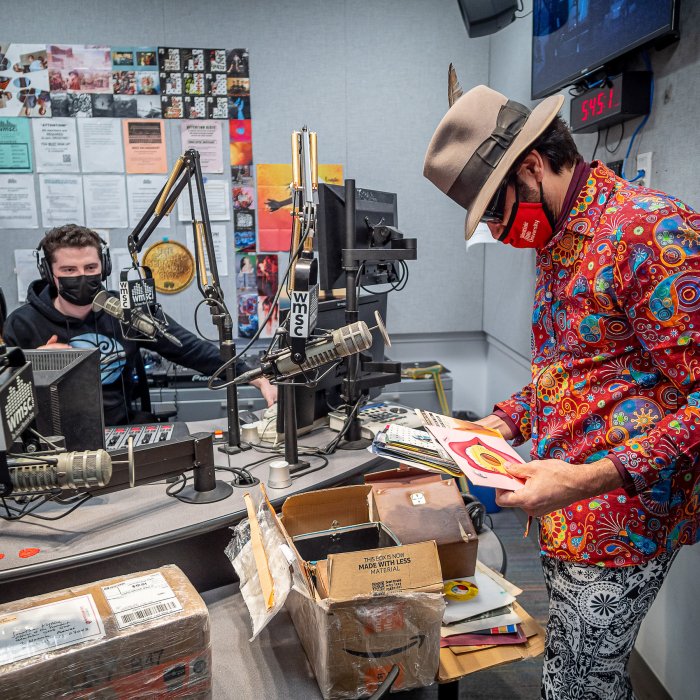 Montclair State University President Jonathan Koppell in the studio at radio station WMSC