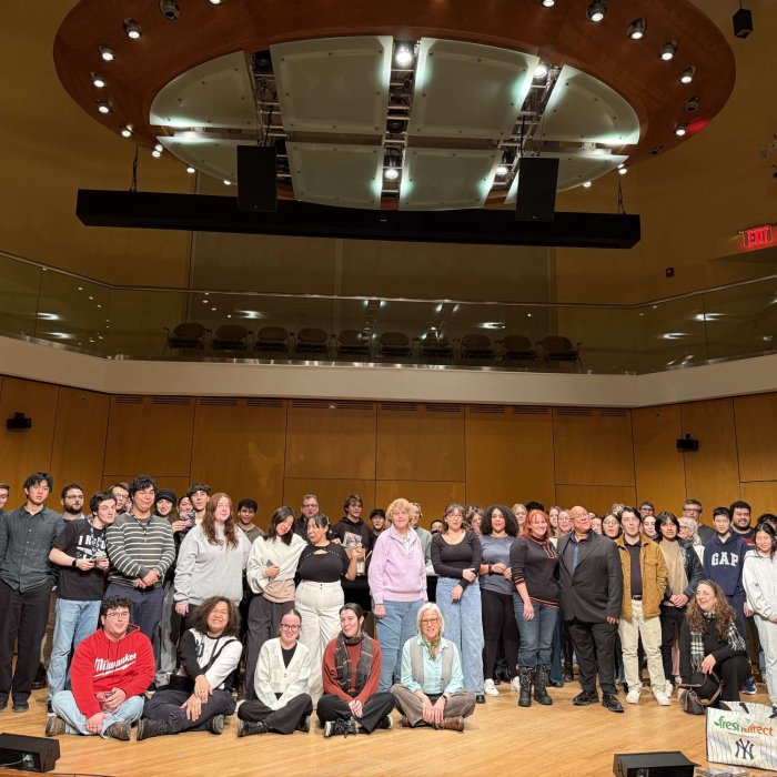 All Clarinet Day attendees in large group on stage
