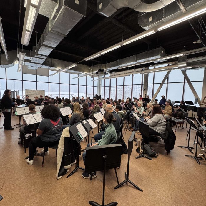 Clarinet day attendees in rehearsal hall
