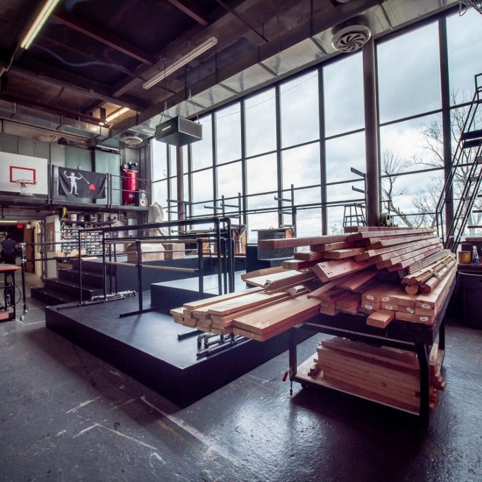 Memorial Auditorium backstage in scene shop with wood and tools for scout location