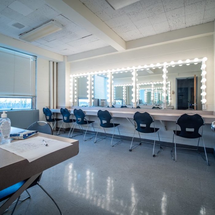 Makeup room and dressing room backstage in Memorial Auditorium for location scouting