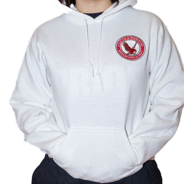 white sweatshirt with rec logo