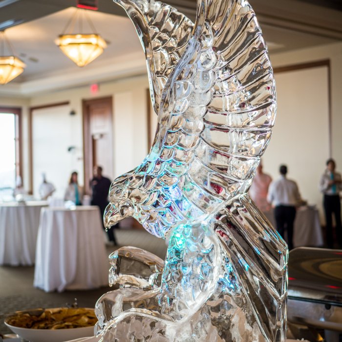 red hawk ice sculpture in main ballroom