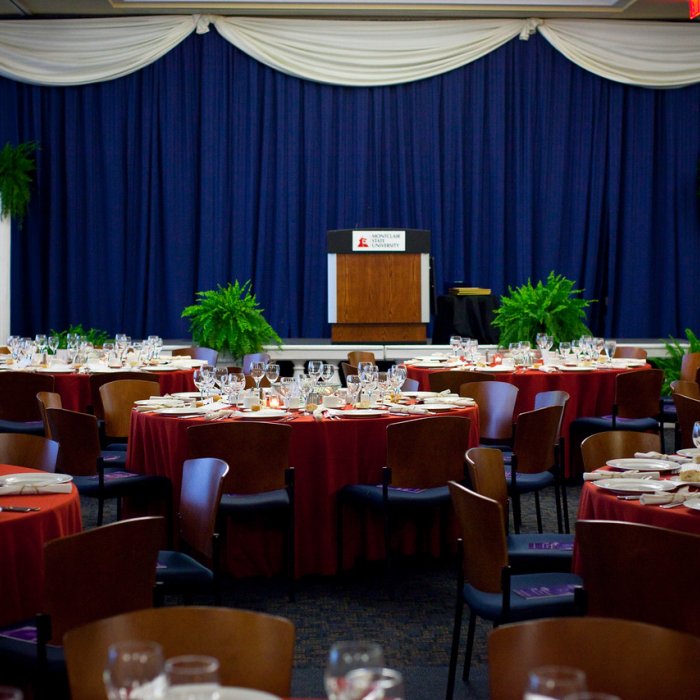 main ballroom in conference center, set up for annual dinner.