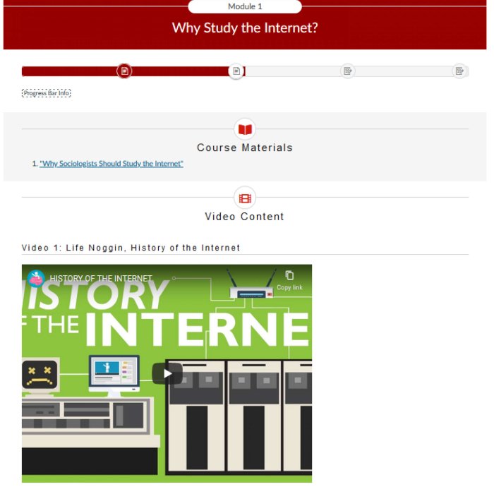 Module 1 course module titled "Why Study the Internet?" with sections for course materials and video content.