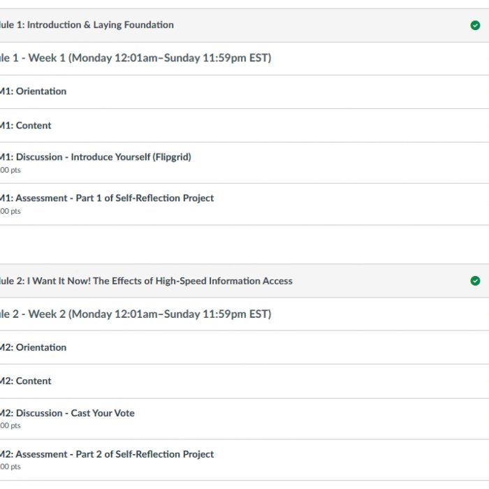 Two course modules with weekly tasks, discussions, and assessments.