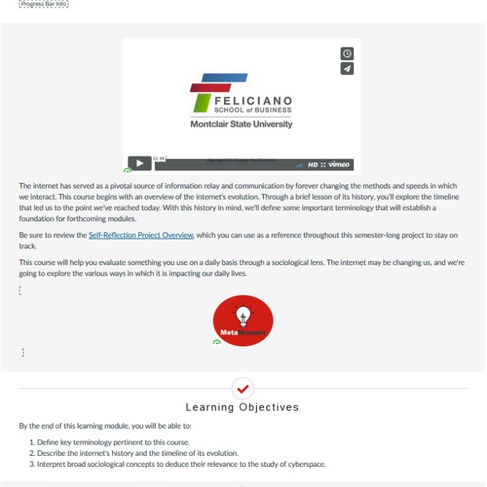 Course webpage for Module 1, featuring a red banner, video, course introduction text, learning objectives, and requirements.