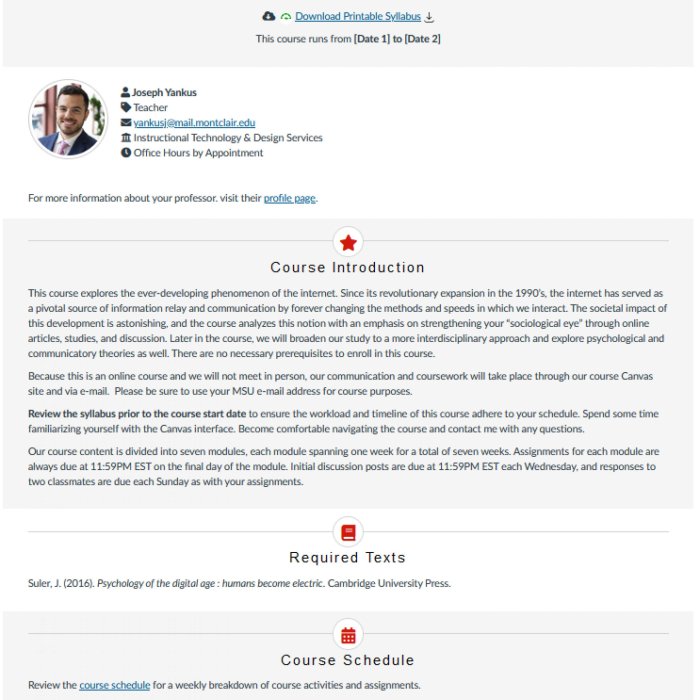 Syllabus page for "The Sociology of Cyberspace" course, with course details and instructor contact information.