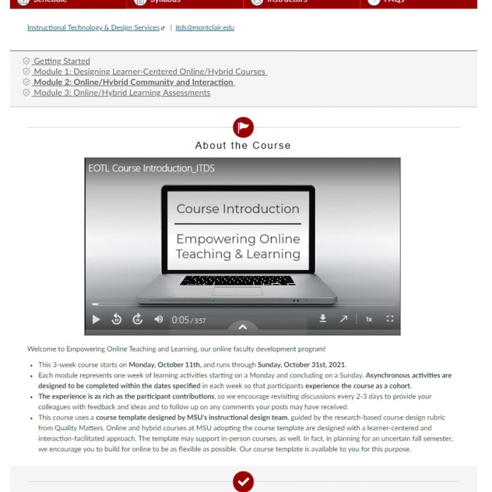 "Empowering Online Teaching and Learning" course with navigation bar, module list, and content blocks.