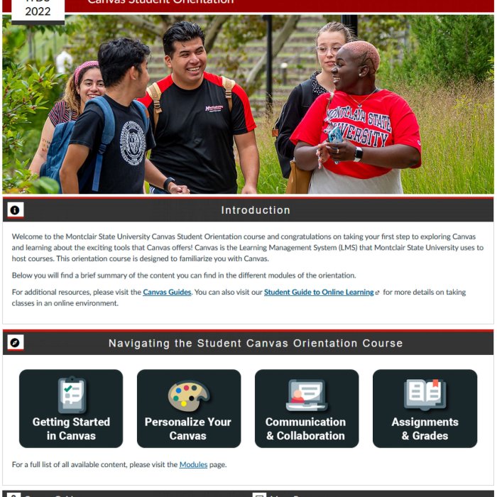  Montclair State University's Canvas Student Orientation with banner and course information and navigation made up of image buttons