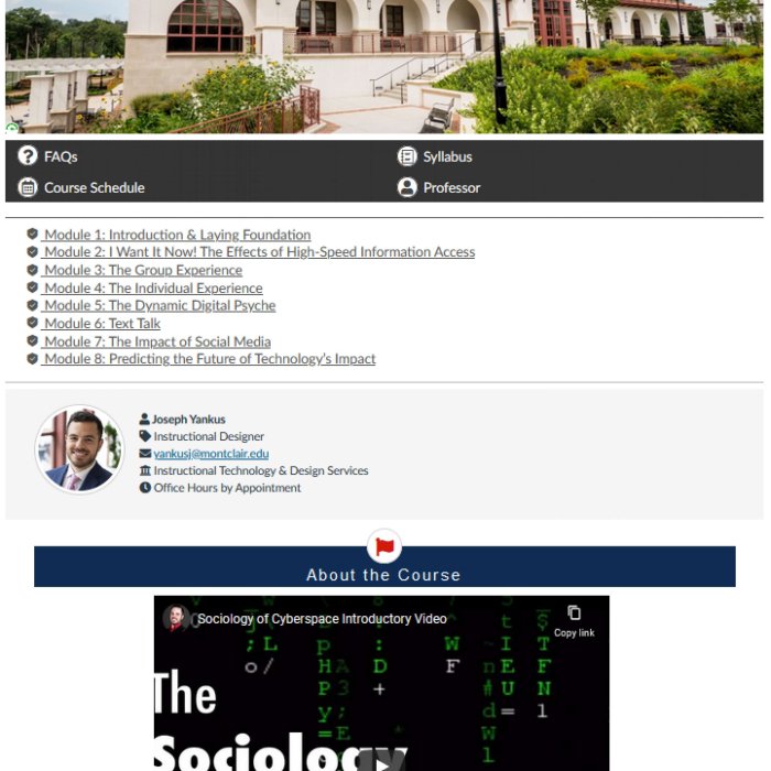 Course webpage for ITDS 100: The Sociology of Cyberspace with a building photo, course modules, professor profile, and video thumbnail.