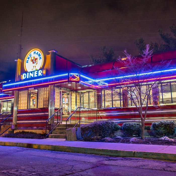 Exterior of Red Hawk Diner at night