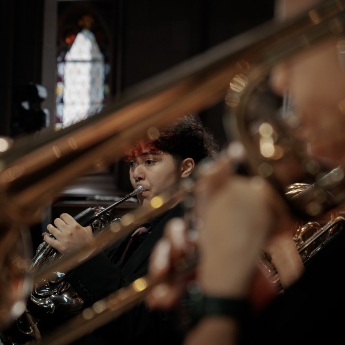 CaliBrass Ensemble on stage at the Music 250 concert at Trinity Church NYC, conducted by Dr. Thomas McCauley and organized by Dr. Micah Killion.