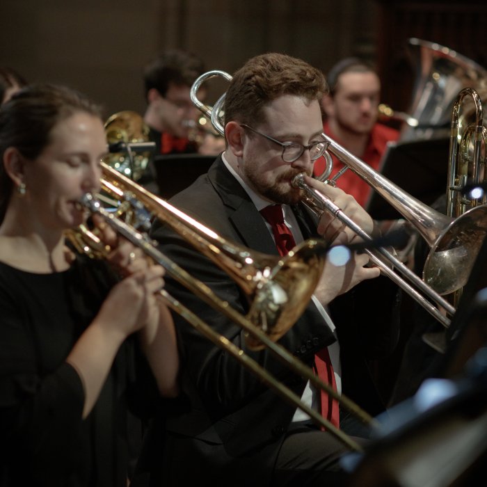 CaliBrass Ensemble on stage at the Music 250 concert at Trinity Church NYC, conducted by Dr. Thomas McCauley and organized by Dr. Micah Killion.