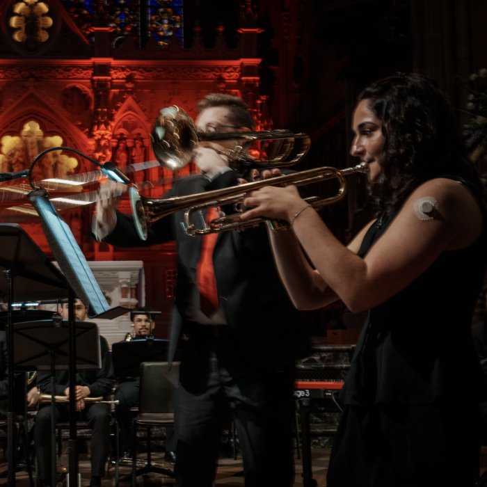 CaliBrass Ensemble on stage at the Music 250 concert at Trinity Church NYC, conducted by Dr. Thomas McCauley and organized by Dr. Micah Killion.