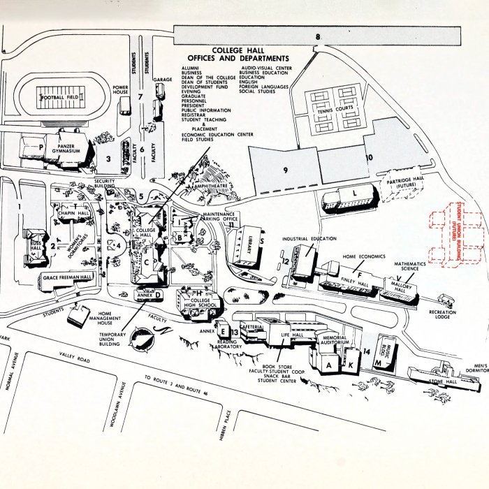 Montclair State University Campus map from 1969 with the outline of the new student union highlighted