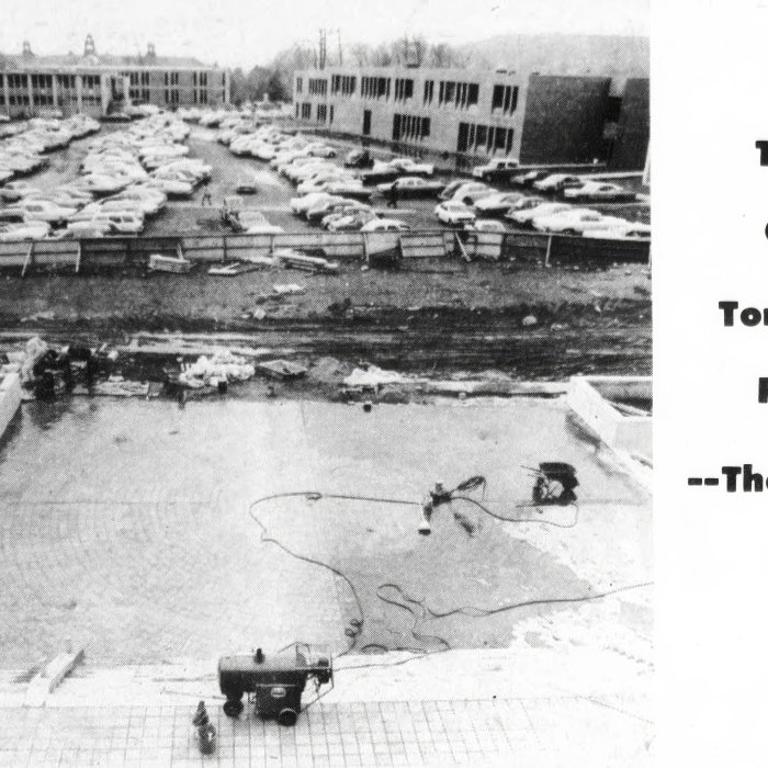 Montclarion photo April 13, 1972 reading 'today cars, tomorrow, people - the Student Mall'